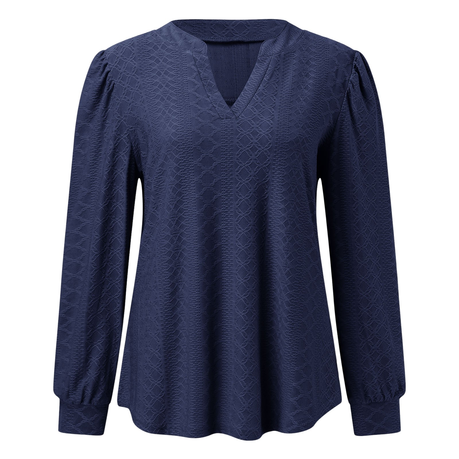 thumbnail image 5 of Top de manga larga con cuello en V y tejido jacquard para mujer - Camiseta holgada de color liso, 5 of 6